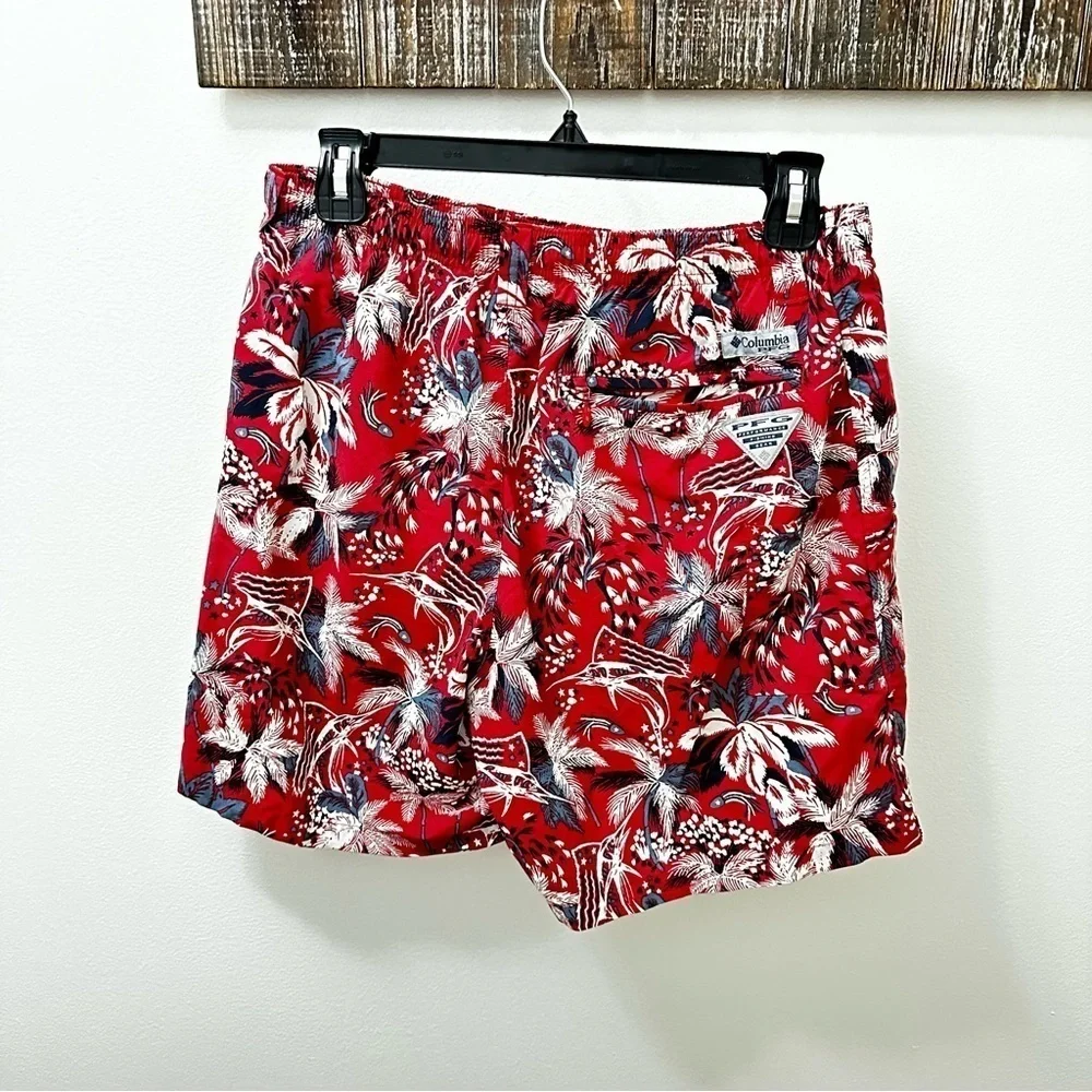 Columbia PFG Swim Trunks Mens small Red Tropical Pockets Mesh Lined Shorts